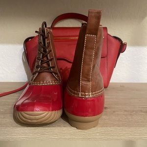 Yolki NEW waterproof boot, red and brown, size 8, no box